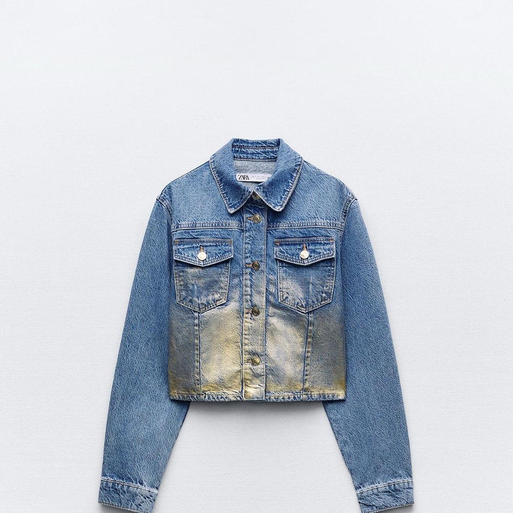 Zara Women's Blue Denim Jacket with Gold Highlights